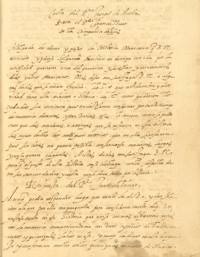 manuscript correspondence in Spanish between Juan de Tovar and José de Acosta