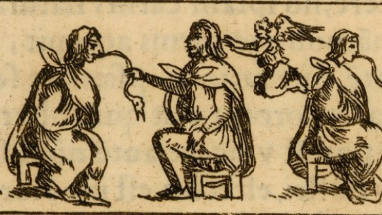 Engraving of two Nahua men speaking to one another. An angel hovers behind one of the men, preventing him from producing idolatrous speech, while the other has a snakes stemming from his mouth, which is representative of such language.  