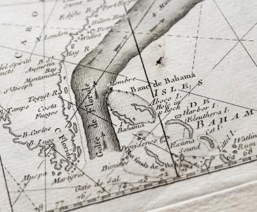 Detail of an engraved map shows the direction of flow of the "Golfe de Floride." Other text in French labels nearby landmarks such as "Isles de Bahama.'