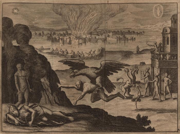 man carried by the talons of a large bird fire and smoke in the background