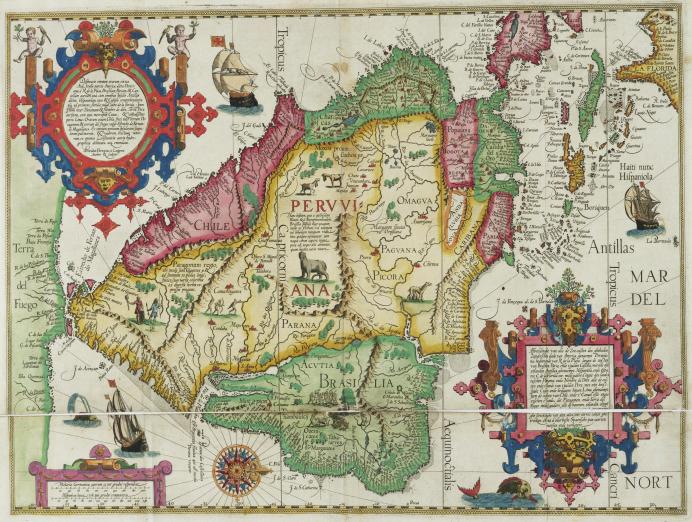 colorful 16th century map with text in Latin