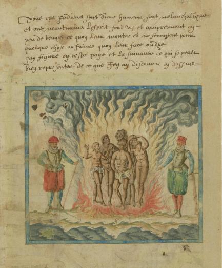Spaniards burn Native Americans in a 17th century illustration