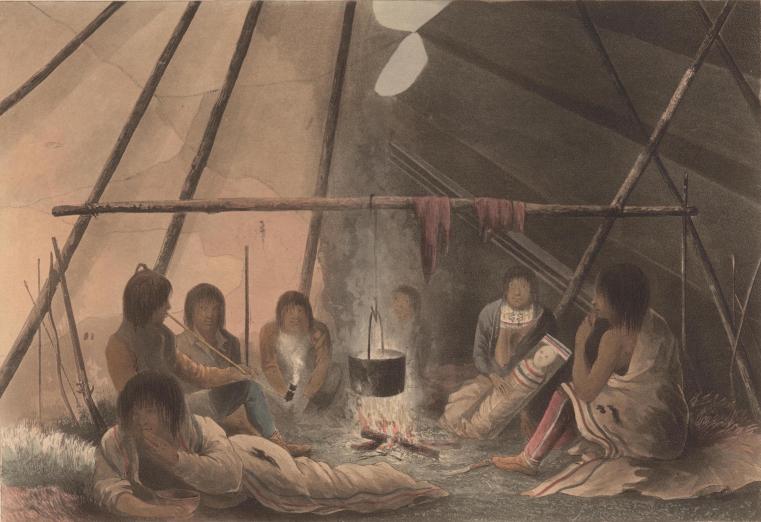 19th century image of Native people smoking in the confines of a lodge