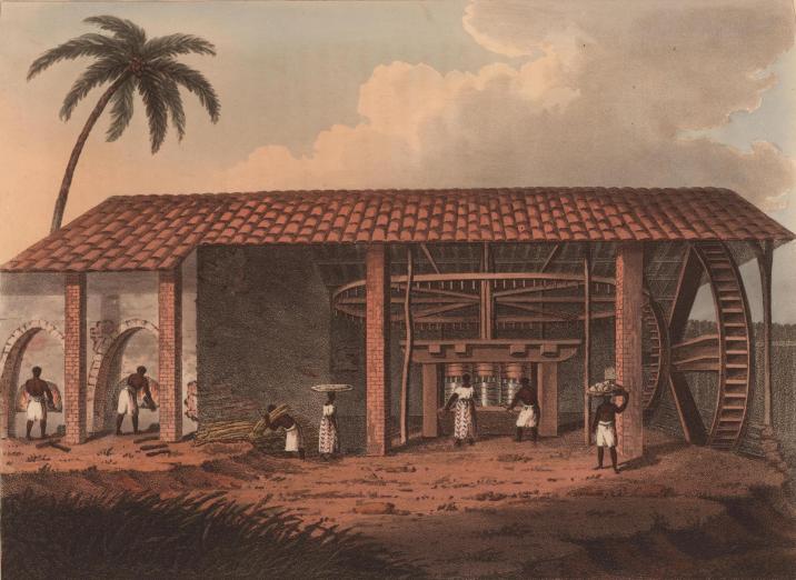 Black people working in a sugar mill, clouds and palm tree loom overhead