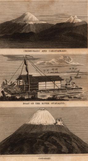 19th century illustration of mountains and ships on water