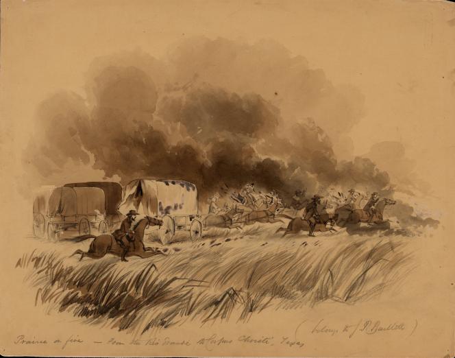 sketch by John Russell Bartlett of clouds of smoke ahead of a caravan