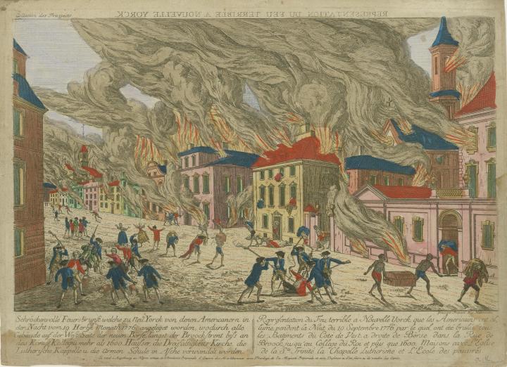 scene of a city going up in flames, large clouds of smoke fill the sky, and men in the streets fighting