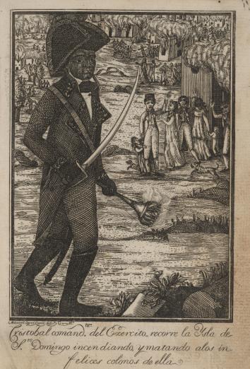 Black slave Henri Christope carries a torch and sword wearing uniform