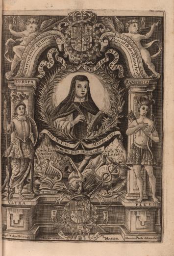 Portrait of Sor Juana Inés de la Cruz holding a pen and a book