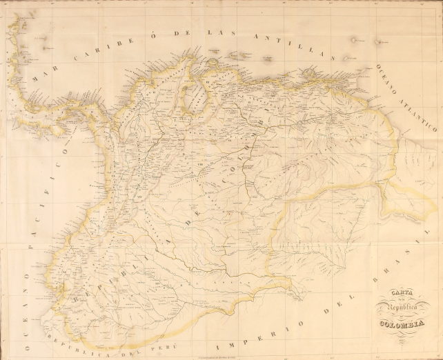Printed map of Colombia shows yellow coloring around the borders of the country and blue lines to denote waterways. Some topographic information visible on the map. Text in Spanish indicates title "Carta de la Republica de Colombia 1827."