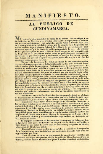 Detail of a printed document shows text in Spanish reading "Manifesto al publico de Cundinamarca."