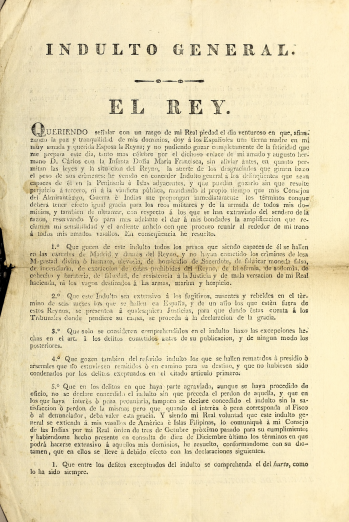 Printed document shows text in Spanish reading "Indulto General. / El Rey." at the top of the page.