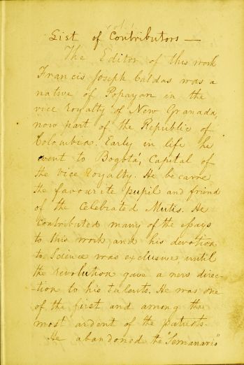 Detail from a printed text shows yellow-tinted page with manuscript preface in English.