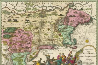 engraved and hand-colored map of northeastern North America including present-day Maine to Virginia