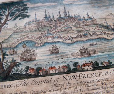 Detail of engraved, hand colored print of Quebec City shows fortifications, churches and cathedral, statehouse, ships, and dwellings. Also includes title reading "Quebec, the Capital of New France" and other text in English.