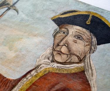 Detail of an engraved, hand colored print shows portrait of Hendrick, a Mohawk chief.