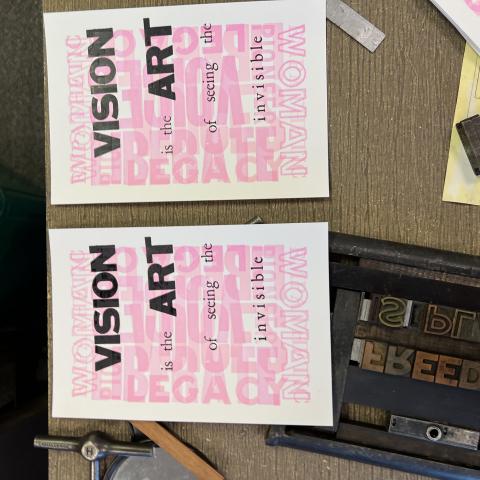 A sample of the work that Genesis will be describing at the RILA conference. Two collages are shown side by side containing words in pink and black.